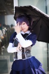 akitsu_honoka blouse blue_eyes bowtie chuunibyou_demo_koi_ga_shitai! cosplay eyepatch hairbow purple_hair side_ponytail takanashi_rikka tiered_skirt umbrella rating:Safe score:0 user:pixymisa