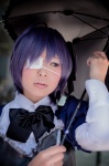 akitsu_honoka blouse blue_eyes bowtie chuunibyou_demo_koi_ga_shitai! cosplay eyepatch hairbow purple_hair side_ponytail takanashi_rikka umbrella rating:Safe score:0 user:pixymisa