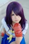 cosplay croptop fingerless_gloves glaive gloves ikkitousen itsuki_akira kanu_unchou pleated_skirt purple_hair sailor_uniform school_uniform skirt rating:Safe score:6 user:nil!