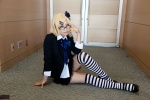 blazer blonde_hair blouse cosplay glare_(vocaloid) glasses hair_clips kagamine_rin looking_over_glasses miniskirt skirt striped striped_socks thighhighs tie vocaloid yapa zettai_ryouiki rating:Safe score:2 user:pixymisa