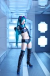 aqua_eyes aqua_hair asanagi_rin boots collar cosplay croptop detached_sleeves elbow_gloves gloves hair_ties hatsune_miku headphones jetpack project_diva shorts thigh_boots thighhighs twintails vocaloid rating:Safe score:2 user:pixymisa