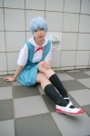 ameri ayanami_rei blue_hair cosplay neon_genesis_evangelion sailor_uniform school_uniform socks rating:Safe score:0 user:nil!