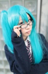 aqua_hair blouse cardigan cosplay glasses hatsune_miku looking_over_glasses nyai tie twintails vocaloid rating:Safe score:0 user:pixymisa