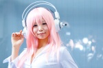 blouse cosplay headphones itsuki_akira nitro_super_sonic pink_hair super_soniko rating:Safe score:0 user:pixymisa