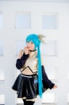 aqua_hair black_legwear cosplay croptop detached_sleeves hairbow hatsune_miku mashiro_yuki pleated_skirt ponytail project_diva skirt thighhighs vocaloid zettai_ryouiki rating:Safe score:0 user:nil!