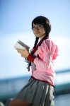 bakemonogatari blouse bowtie cosplay glasses hanekawa_tsubasa momo_(iii) pleated_skirt skirt twin_braids rating:Safe score:0 user:pixymisa