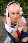 blouse cosplay headphones mitsuki_(ii) nitro_super_sonic pink_hair pleated_skirt sailor_uniform scarf school_uniform skirt super_soniko thighhighs rating:Safe score:0 user:pixymisa