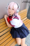 cosplay headphones kneesocks natsumi_(ii) nitro_super_sonic pantyhose pink_hair pleated_skirt sailor_uniform school_uniform skirt super_soniko rating:Safe score:0 user:nil!