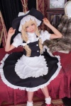 apron bed blonde_hair cosplay dress kirisame_marisa love_saotome skirt socks touhou vest witch_hat rating:Safe score:0 user:nil!