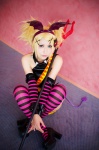 blonde_hair cosplay crossplay detached_sleeves halter_top head_wings kagamine_len nakoto pitchfork pretty_panties_akuma_rin_(vocaloid) shorts striped thighhighs vocaloid rating:Safe score:0 user:nil!