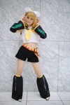 blouse cosplay detached_sleeves hairbow hair_clips headset hiokichi kagamine_rin leggings pantyhose sheer_legwear shorts vocaloid rating:Safe score:0 user:nil!