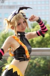 blonde_hair collar cosplay croptop detached_sleeves head_wings kagamine_len michiko pitchfork pretty_panties_akuma_rin_(vocaloid) shorts spikes striped tail vocaloid rating:Safe score:1 user:pixymisa
