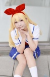 aikatsu! blonde_hair churo cosplay hairbow hoshimiya_ichigo kneesocks pleated_skirt sailor_uniform school_uniform skirt rating:Safe score:1 user:nil!