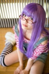 blouse cosplay dr._slump glasses looking_over_glasses norimaki_arale overalls purple_hair seika striped thighhighs rating:Safe score:1 user:nil!