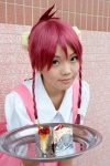 apron bannō_bunka_nekomusume blouse cosplay eko_(ii) hair_buns miniskirt nuku_nuku pink_hair serving_tray skirt twin_braids waitress waitress_uniform rating:Safe score:0 user:pixymisa