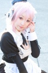 apron cleavage cosplay headphones maid maid_uniform nitro_super_sonic pink_eyes pink_hair sekimoto_sayaka super_soniko rating:Safe score:0 user:pixymisa