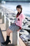 bakemonogatari blouse bowtie cosplay glasses hanekawa_tsubasa kneesocks momo_(iii) pleated_skirt skirt twin_braids rating:Safe score:0 user:pixymisa