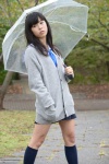 blouse braid cardigan kneesocks nanaka_amanonanae pleated_skirt rain scarf skirt umbrella rating:Safe score:0 user:pixymisa