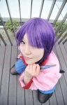 bakemonogatari blouse cosplay natsume_rin pleated_skirt purple_hair school_uniform senjougahara_hitagi skirt thighhighs tie rating:Safe score:0 user:nil!
