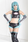 aira aqua_hair boots cosplay croptop detached_sleeves elbow_gloves gloves hatsune_miku headset pantyhose project_diva shorts thigh_boots thighhighs twintails vocaloid rating:Safe score:3 user:xkaras