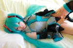 aqua_hair arai_yomi bed blouse cosplay detached_sleeves hatsune_miku headset panties pleated_skirt skirt thighhighs tie twintails vocaloid rating:Safe score:2 user:nil!