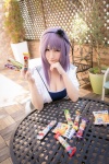 atsuki cleavage cosplay dagashi_biyori dagashi_kashi hairband hoodie one-piece_swimsuit purple_hair shidare_hotaru swimsuit rating:Safe score:1 user:nil!