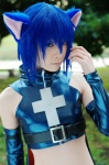 animal_ears blue_hair cape cat_ears cosplay croptop crossplay crucifix detached_sleeves ryuuna shugo_chara! tsukiyomi_ikuto turtleneck rating:Safe score:0 user:nil!