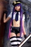 black_legwear blouse cosplay croptop fingerless_gloves multi-colored_hair necoco panty_&_stocking_with_garterbelt police_hat shimapan_and_stocking_necosmo shorts stocking_(psg) striped_legwear suspenders thighhighs tie white_legwear rating:Questionable score:1 user:nil!