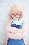 cardigan cosplay glasses kuriyama_mirai kyoukai_no_kanata mashiro_ayaki orange_hair pleated_skirt sailor_uniform school_uniform skirt rating:Safe score:0 user:nil!