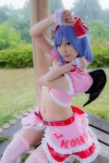 blouse blue_hair bonnet bow cosplay croptop half_skirt_open_front lenfried remilia_scarlet tail_plug thighhighs touhou wings rating:Safe score:0 user:nil!