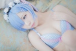bed blue_hair bra cleavage cosplay fleia fleia_oni_ga_katteru? hairband rem_(re:zero) re:zero rating:Safe score:2 user:nil!