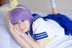 blouse bow cosplay hairbow hakuhi_kaede hiiragi_tsukasa lucky_star pleated_skirt purple_hair sailor_uniform school_uniform skirt socks rating:Safe score:0 user:pixymisa