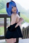 blouse blue_hair bonnet bottomless bow cosplay croptop lenfried open_clothes remilia_scarlet striped_legwear thighhighs touhou rating:Questionable score:1 user:nil!