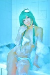 bathroom bathtub cleavage cosplay green_hair hanamura_misaki kochiya_sanae soap_suds touhou touhou_kinbauchou wet rating:Safe score:0 user:nil!