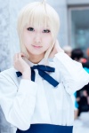 blonde_hair blouse blue_eyes bowtie cosplay fate/series fate/stay_night saber seri skirt rating:Safe score:1 user:pixymisa