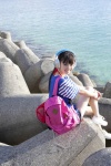 aizawa_rina backpack denim headphones ocean ponytail shorts tshirt ys_web_376 rating:Safe score:1 user:nil!