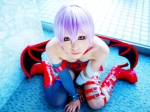 bandages bat_wings belt_bra bikini_bottom boots cleavage collar cosplay detached_sleeves lilith_aensland mino_mushi pantyhose purple_hair single_thighhigh swimsuit thighhighs vampire_(game) rating:Safe score:1 user:nil!