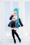 aqua_hair black_legwear cosplay croptop detached_sleeves hairbow hatsune_miku mashiro_yuki pleated_skirt ponytail project_diva skirt thighhighs vocaloid zettai_ryouiki rating:Safe score:0 user:nil!