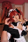 airi apron bed cleavage cosplay dress hairband happa_kyoukan_to_pantsu_meido maid maid_uniform queen's_blade red_hair saku twintails rating:Safe score:1 user:nil!