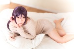 bed cosplay dress love_live!_school_idol_project onagi_mayu pantyhose purple_hair sheer_legwear sweater_dress toujou_nozomi twintails rating:Safe score:2 user:nil!