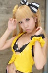 bikini blonde_hair cosplay hairbow hizuki_yuuki idolmaster jougasaki_rika swimsuit vest rating:Safe score:2 user:pixymisa