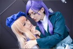 beret blouse bowtie business_suit cosplay elbow_gloves glasses gloves grace_o'connor macross macross_frontier multi-colored_hair purple_hair raharu rika sash sheryl_nome vest rating:Safe score:0 user:pixymisa