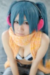aqua_hair bikini cleavage cosplay ear_muffs hatsune_miku headset momoka_(ii) scarf swimsuit trousers twintails vocaloid rating:Safe score:0 user:pixymisa