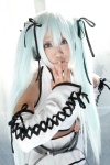 cosplay detached_sleeves hair_ribbons halter_top hatsune_miku minase_aki miniskirt project_diva skirt twintails vocaloid voice_(vocaloid) white_hair rating:Safe score:1 user:pixymisa