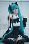 aqua_hair cosplay detached_sleeves dress hairbows hatsune_miku headset project_diva thighhighs twintails vocaloid yoppy zettai_ryouiki rating:Safe score:1 user:nil!