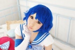 bed bishoujo_senshi_sailor_moon blue_hair cosplay elbow_gloves gloves mercury_&_mars mizuno_ami sailor_mercury sailor_uniform saku school_uniform rating:Safe score:0 user:nil!