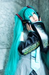 aqua_hair blouse cosplay detached_sleeves hatsune_miku headset hiroron pleated_skirt skirt tie twintails vocaloid rating:Safe score:0 user:nil!