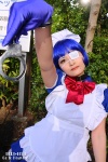 apron blue_hair bowtie choker cosplay crinoline eyepatch gloves hairband handcuffs ikkitousen kiritani_kaname maid maid_uniform red_eyes ryomou_shimei rating:Safe score:0 user:pixymisa