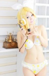 bikini blonde_hair cosplay hairbow hair_clips headset kagamine_rin koyuki project_diva swimsuit vocaloid rating:Safe score:2 user:lolzin