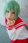 ari cosplay green_hair iwasaki_minami lucky_star miniskirt pleated_skirt sailor_uniform school_uniform skirt rating:Safe score:0 user:nil!